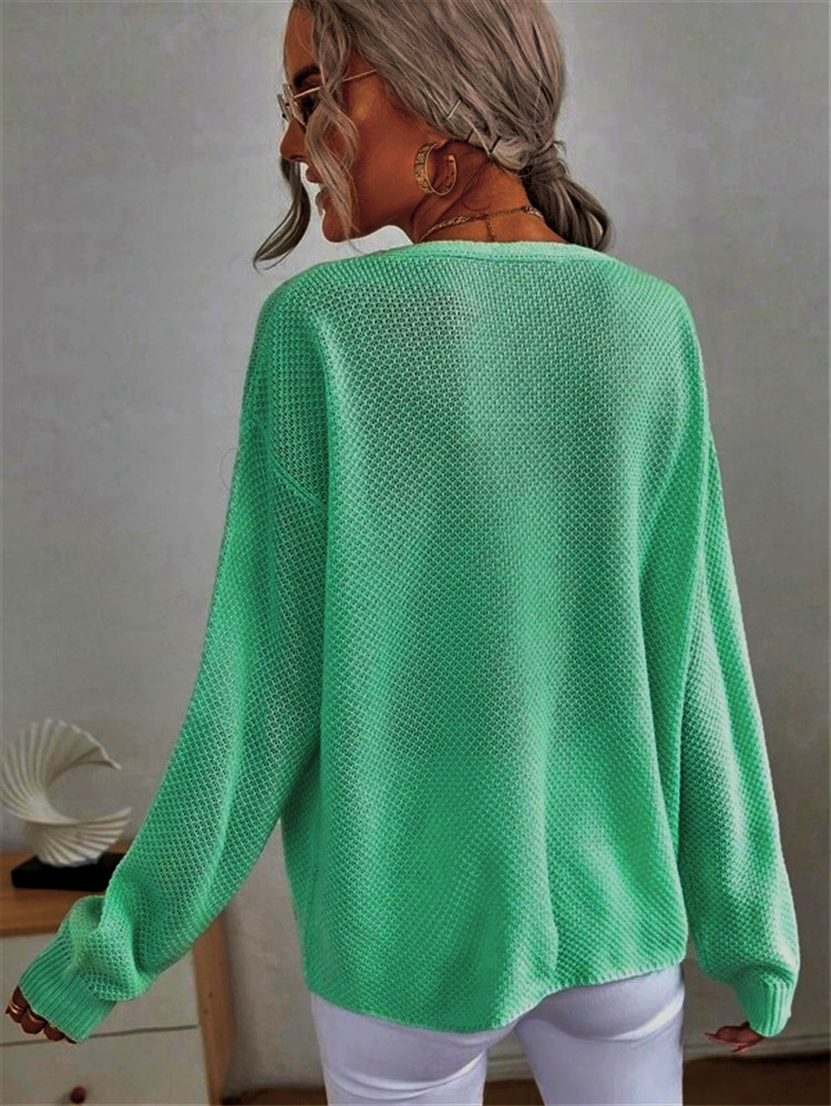 Pull tricoté décontracté à col en V de couleur unie pour femme, nouvelle collection automne 2024_voghion.com