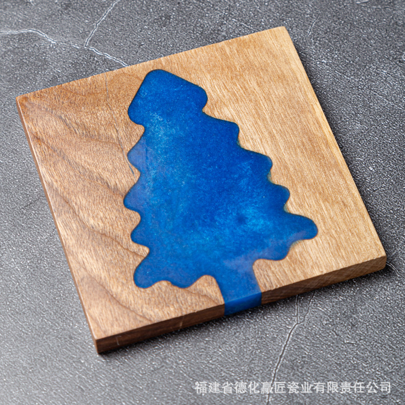 Resina transfronteriza almohadilla de taza de río piedra árbol de Navidad madera sólida empalme epoxi simple transparente almohadilla de taza de té cuadrada