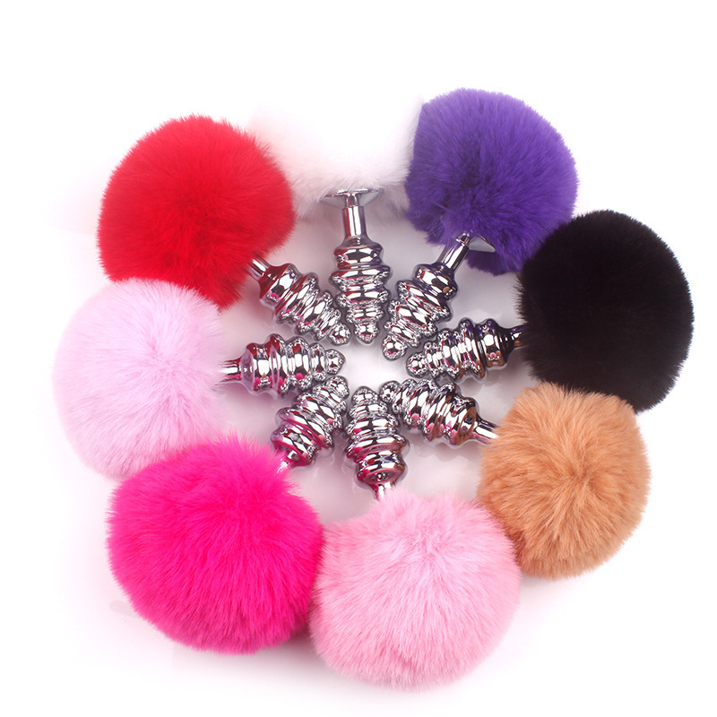 Threaded Metal Anal Plug with Faux Rabbit Fur Tail, Red — detail image 6