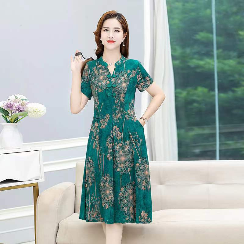 high quality Frog Buckle Ice Silk Cheongsam Summer Middle-aged and Elderly Women's New Arrival Western Style Cheongsam dress Women