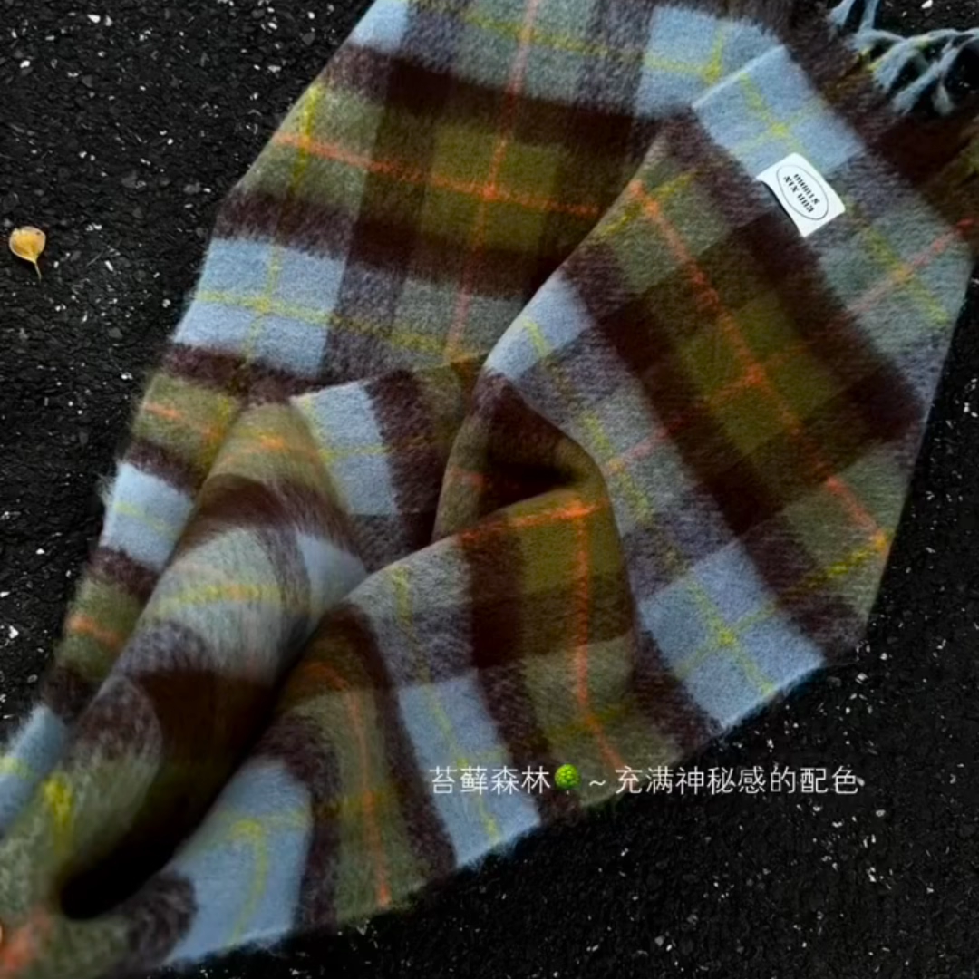 韩系格纹围巾女苔藓森林冬季马海毛百搭显白保暖流苏披肩学生围脖