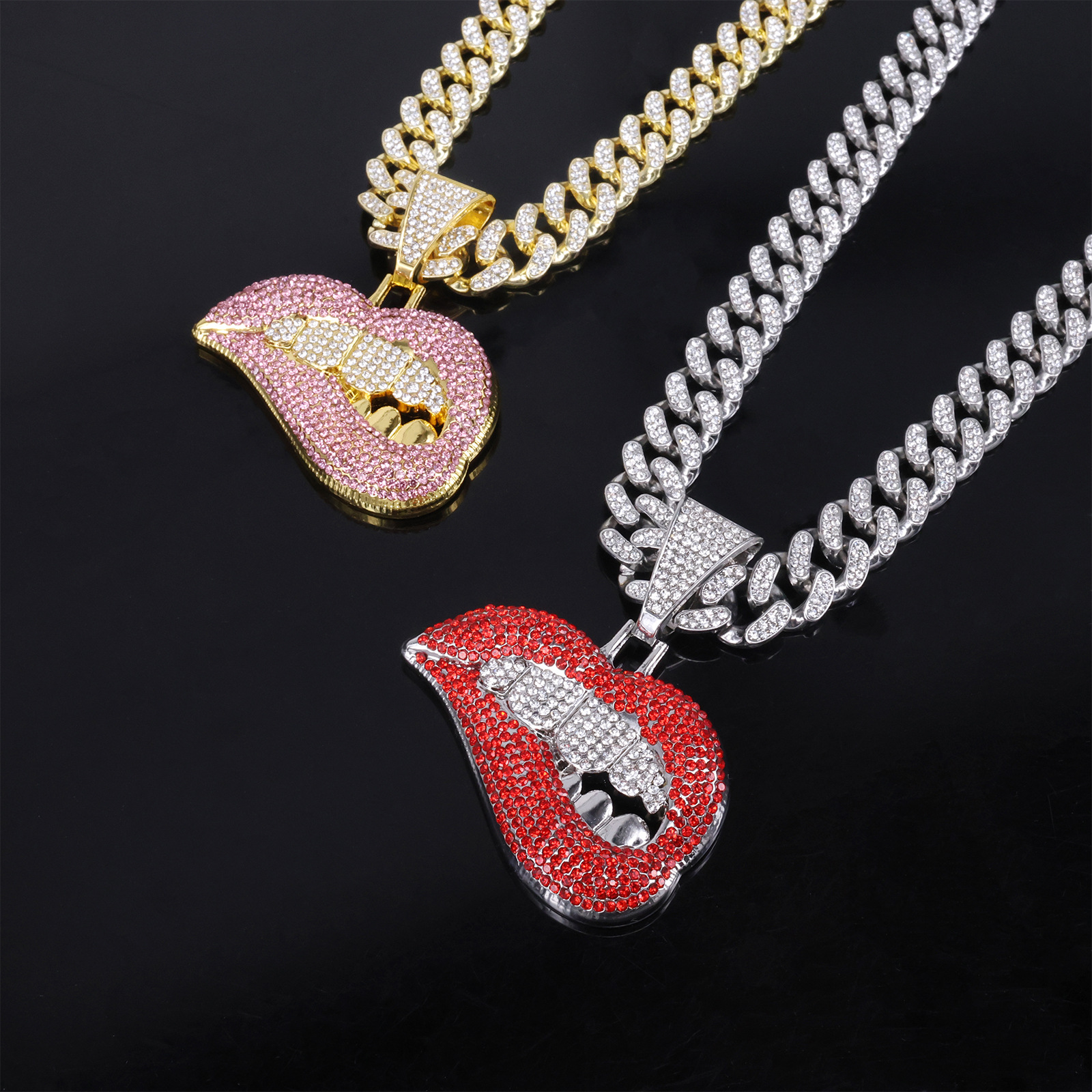 Collier Pendentif Lèvres Strass Style Hip Hop Pour Homme_voghion.com