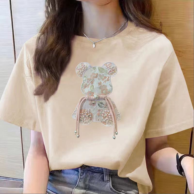 Summer New New Chinese Style National Style Hot Stamping Bear Short-sleeved T-shirt Women's Loose Couple Fashion Half-sleeved Top Trendy