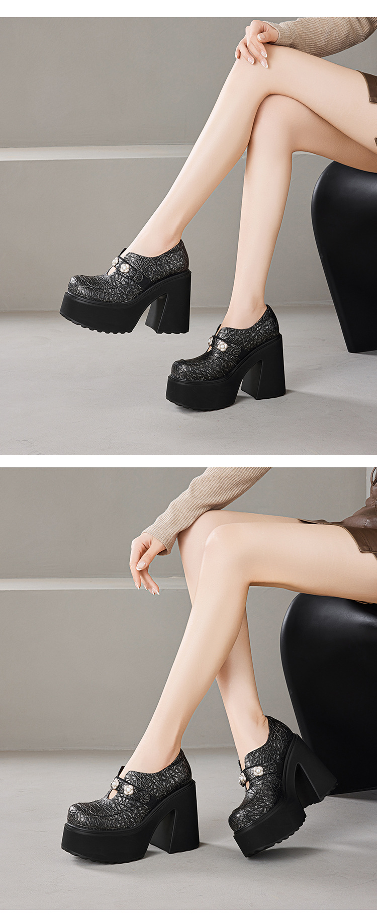 Giày loafer nữ đế xuồng da thật gót vuông 12 cm phong cách Anh quốc — màu đen chi tiết 8