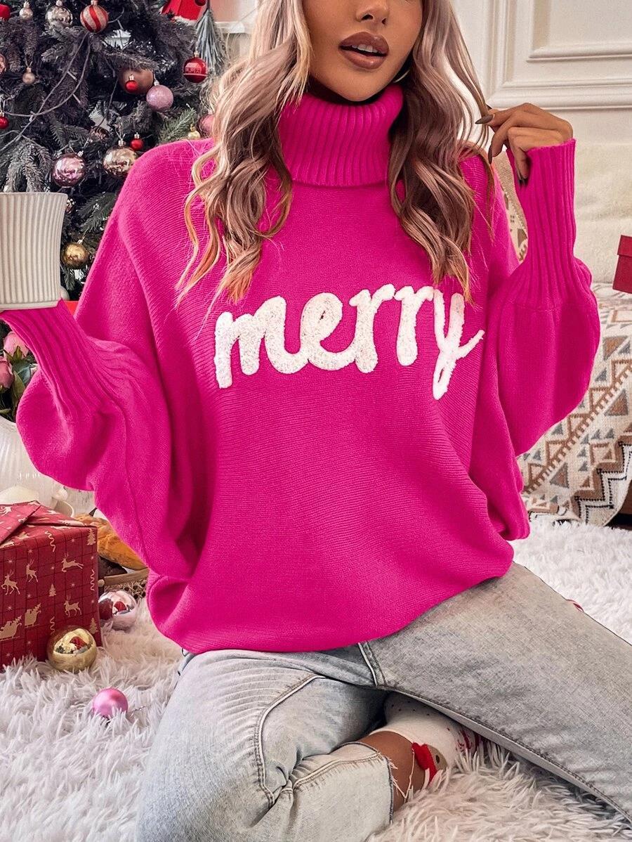350g Weight Long Sleeve Sleeve Length Pullovers Placket Type Batwing Sleeve Sleeve Type Polyester, Polyacrylonitrile Fiber Fabric Type Long Top Length Sweater Tops Type Daily Occasion Turtleneck Neckline Loose Fit Type Christmas Festival Letter Pattern Winter, Autumn Season Women's Gender Embroidery Design Streetwear Style Wholesale Women's Streetwear Letter Long Sleeve Embroidery Sweaters & Cardigans 8