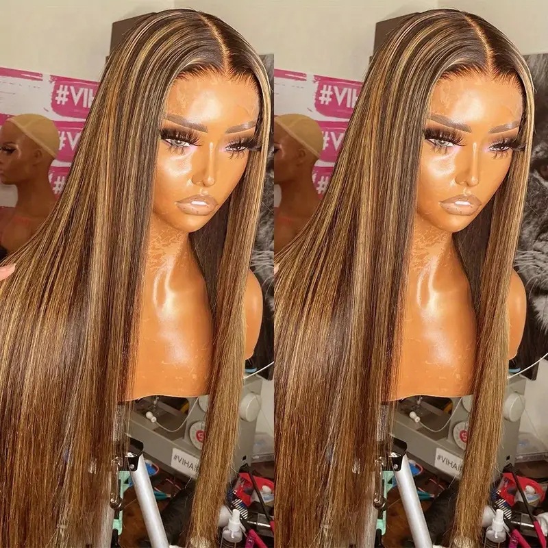 European American Style Piano Colored Wig Center Parted Long Straight Synthetic Full Head Cover Average Size Body Wave Wig_voghion.com