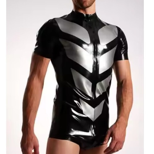 Latex Clothing, Latex Bodysuit, Cool Color-Blocking, Front Zipper with Crotch Opening, Latex Men's Jumpsuit
