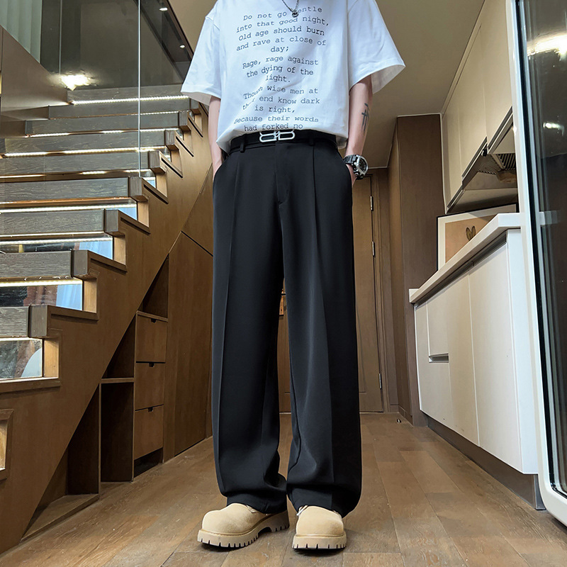 2025 Summer Solid Color Drape Straight-Leg Trousers Men's Thin Trendy Ice Silk High-End Wide-Leg Casual Dress Pants Men