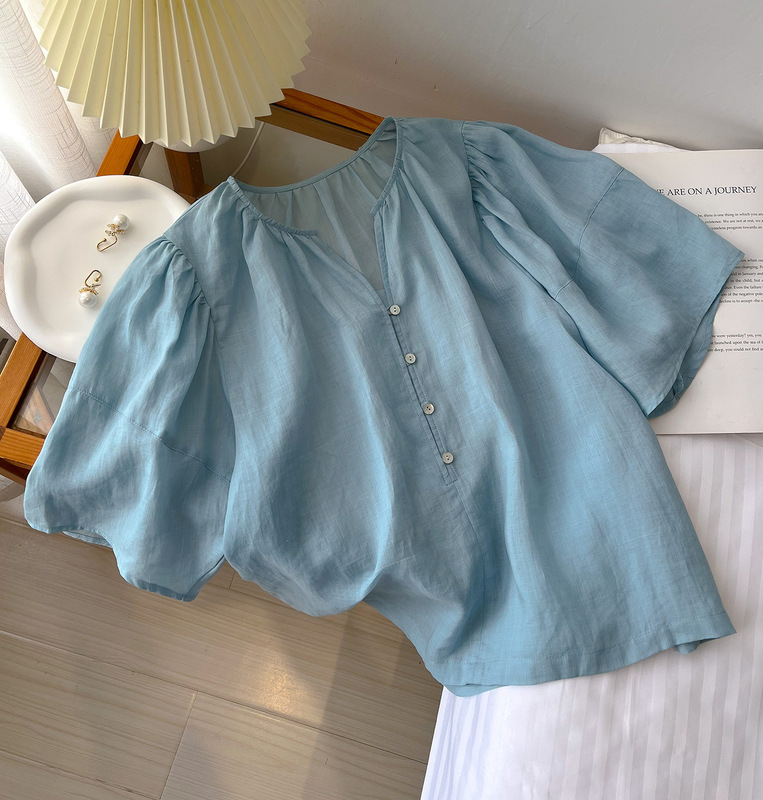 女性用フレンチライトで優しいリネンシャツ、夏用無地リネンシャツ、怠惰で年齢を軽減するコットンとリネンのシャツトップ|undefined