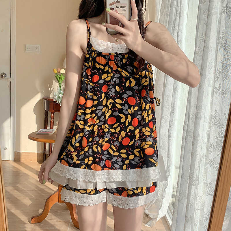 T Oh Mida Summer New Sweet and Cute Printed Woven Cotton Suspender Shorts Two-Piece Home Wear Pajamas
