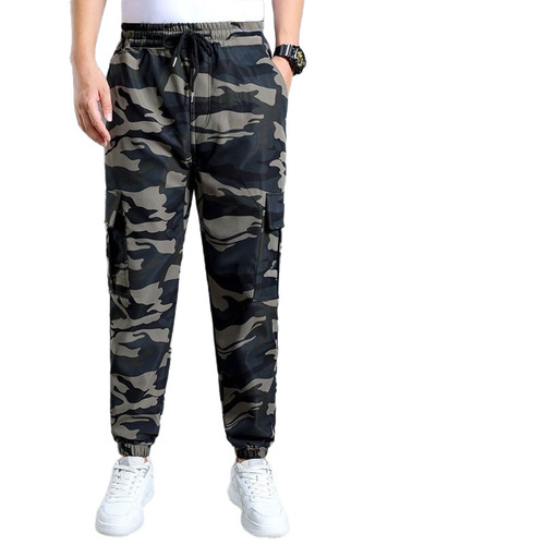 Knitted pants men's autumn and winter new heat transfer camouflage pants with velvet and thick multi-pocket men's foot-tied harem pants