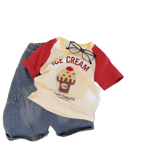 New spring and autumn baby patch color contrasting girls and children's short-sleeved T-shirt cartoon boys 'top base T-shirt top