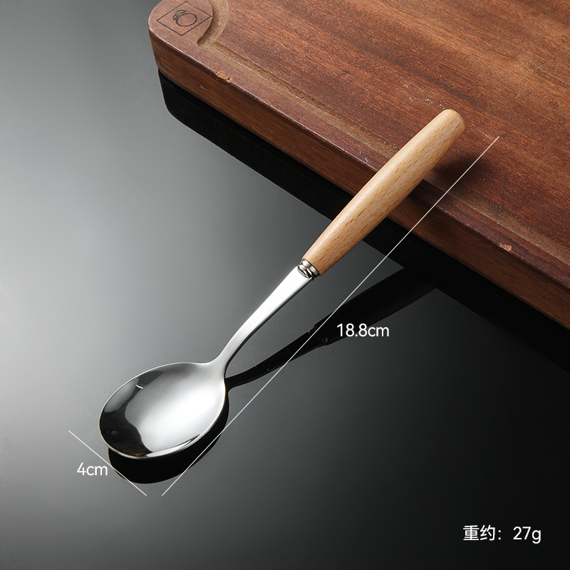 Madera de haya, alas de pollo, mango de madera, cuchillo y tenedor de acero inoxidable doméstico, cubiertos, cuchillo y tenedor de carne brillante, cuchara de carne occidental