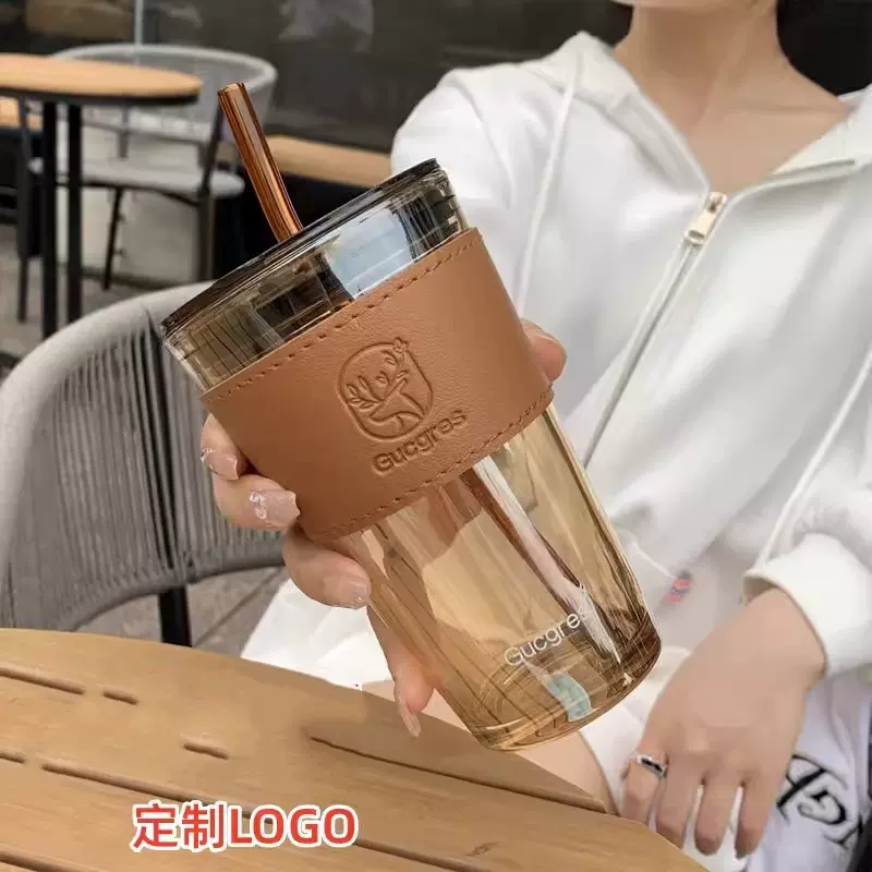 网红ins带吸管玻璃竹节杯高颜值咖啡杯直筒大容量小鹿开业礼品杯