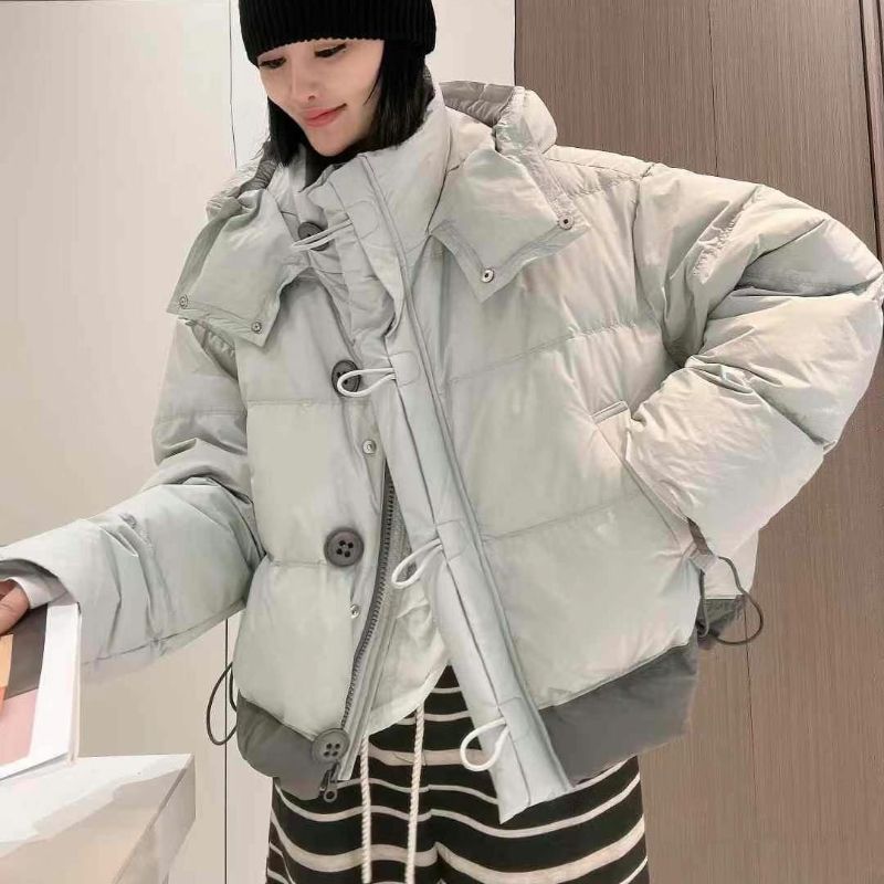 撞色羽绒服女2025冬新款韩版宽松休闲加厚白鸭绒面包服连帽外套女