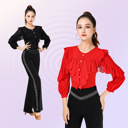 Latin Dancer's Top Modern Dance Jitterbug Long Sleeve Ballroom Dance Square Dance Flying Sleeve Beautiful Fashionable Dance Clothes