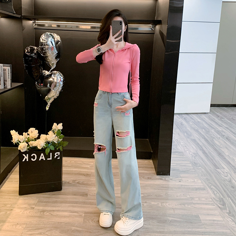 Trendy ripped straight-leg jeans, autumn style, zip-up cardigan, thin long-sleeved top, two-piece women's clothing set