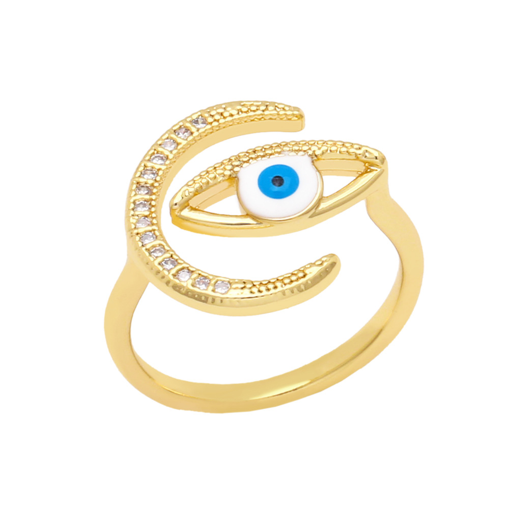 Copper 18K Gold-plated Inlaid Zircon Moon Devilu0027s Eye Adjustable Ring
