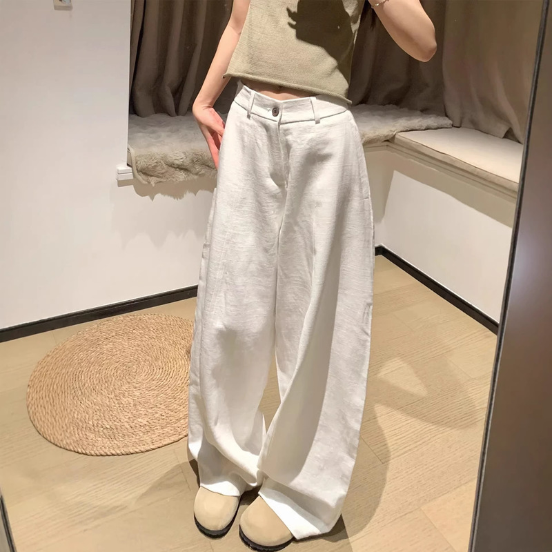 White Ramie Wide-Leg Pants for Women, Summer Thin High-Waisted Straight Loose Drapey Suit-Style Cotton-Linen Casual Pants