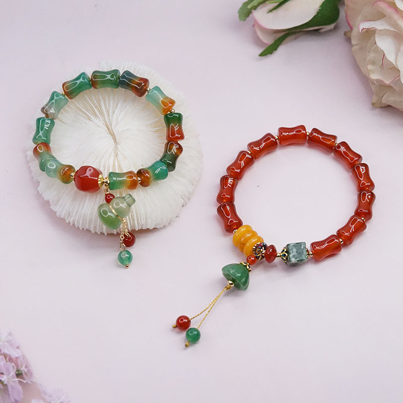 Autumn and winter new bamboo agate bracelet female transfer gourd lotus pendant national wind string retro live hand