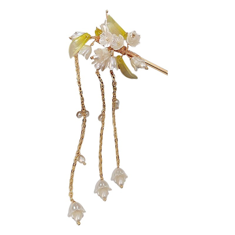 Larga Luna emming mismo estilo perla lirio flor hoja borla horquilla elegante updo horquilla elegante accesorios para el cabello al por mayor