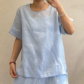 棉麻T恤衫女2026夏季新款文艺纯色圆领百搭中袖宽松套头衬衣小衫