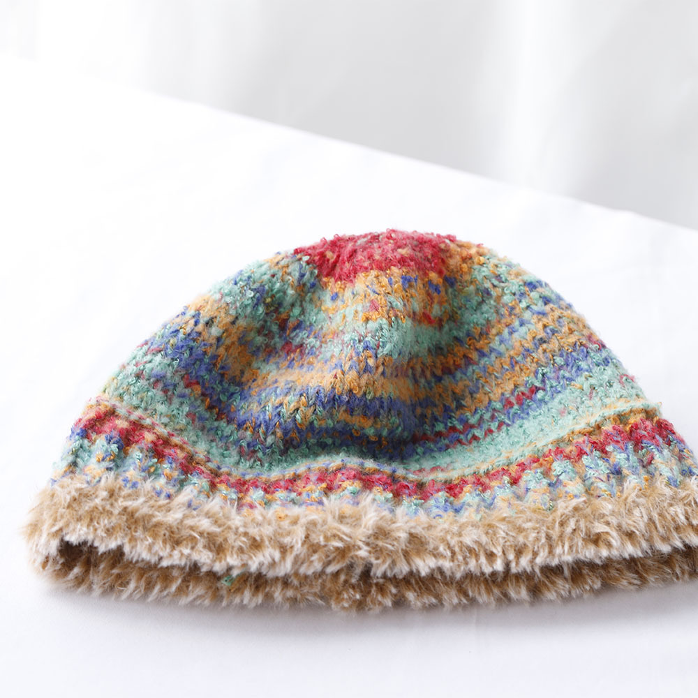 Niche Design Retro-Farbverlauf-Fransen-Strick-Bucket für Damen, Herbst und Winter, warmer Ohrenschutz, Gesichtsformer_voghion.com