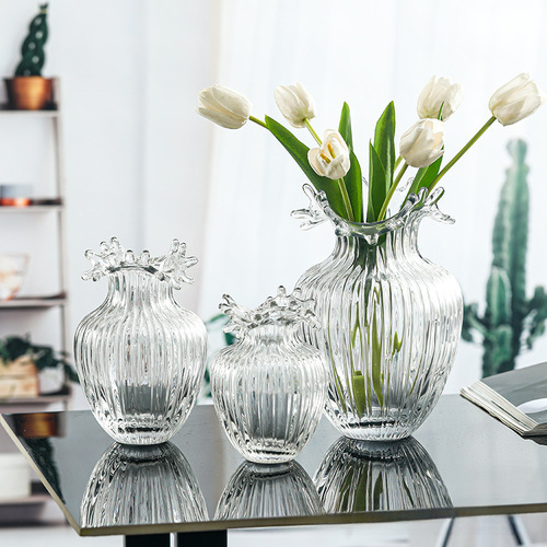 Modern Minimalist Wave Mouth Transparent Glass Vase for Living Room Bedroom Dining Table Flower Arrangement Water Planting Home Decor Ornament