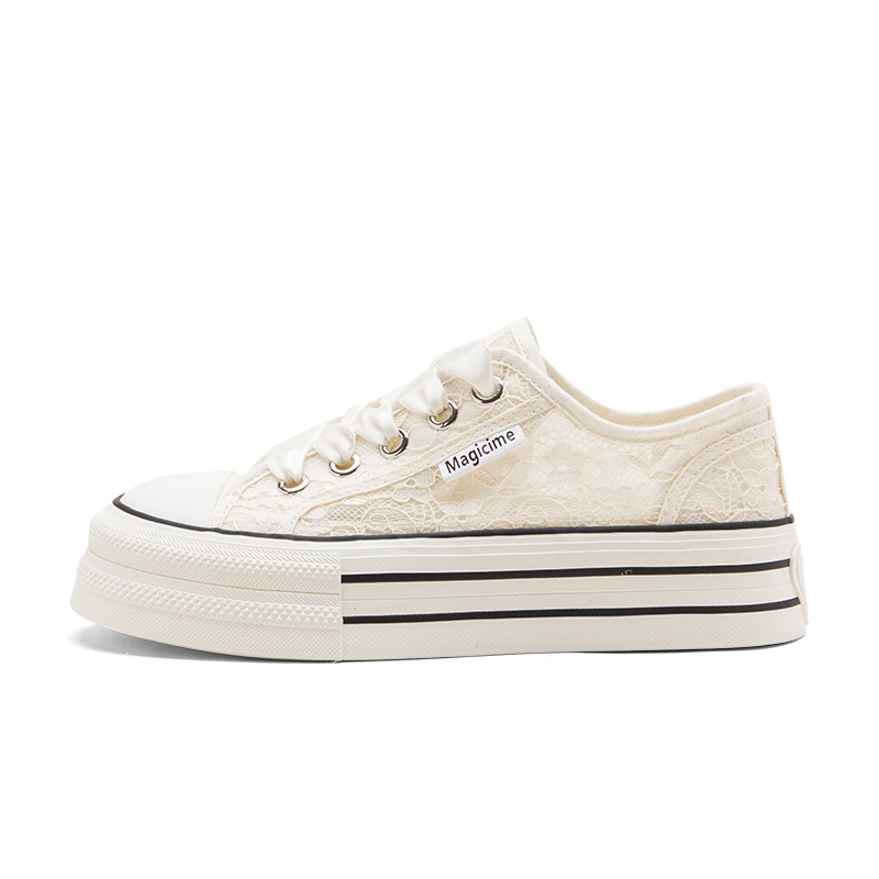 Zapatos de lona de malla de encaje de Augu Shi Deng mujeres verano 2024 nuevos zapatos blancos con suela gruesa zapatos de skate casuales