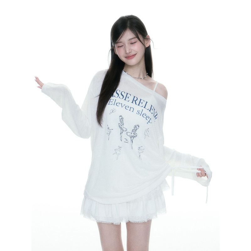 S010 夏用薄手ブラウス ガーゼトップ レディース オリジナルバレエ リヨセル 日焼け止め 斜め肩Tシャツ|undefined
