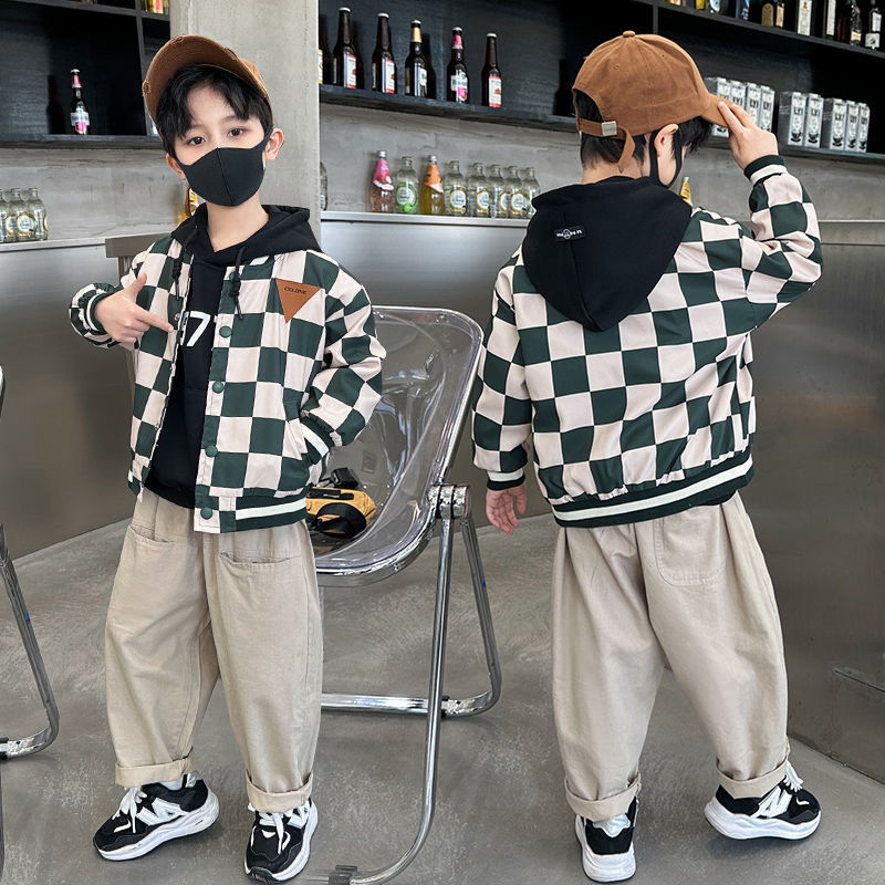 Muchachos de dibujos animados béisbol uniforme 2024 nueva capa primavera y otoño chaqueta los niños moda a cuadros superior