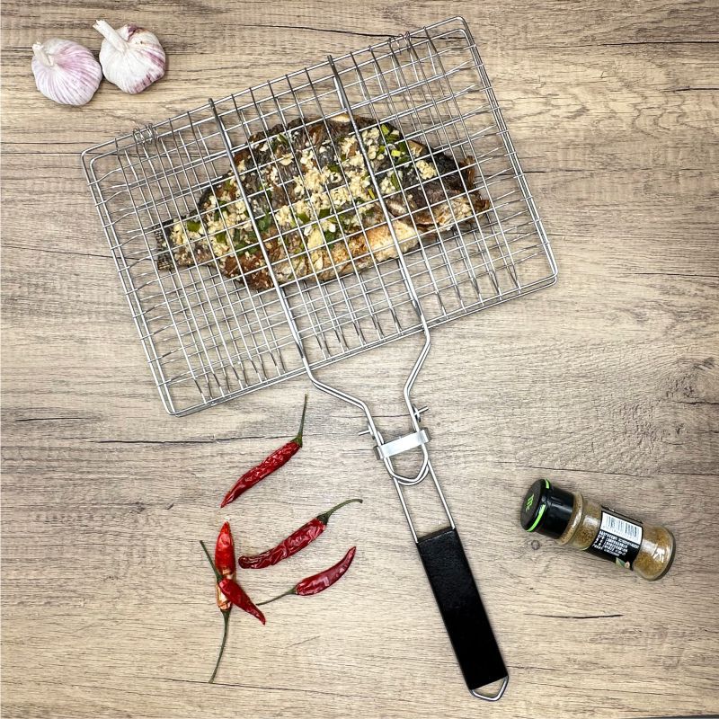 Barbacoa de acero inoxidable BBQ transfronteriza, mango plegable para exteriores, rejilla para hornear, rejilla para barbacoa, rejilla para pescado a la parrilla cuadrada, clip para salchicha
