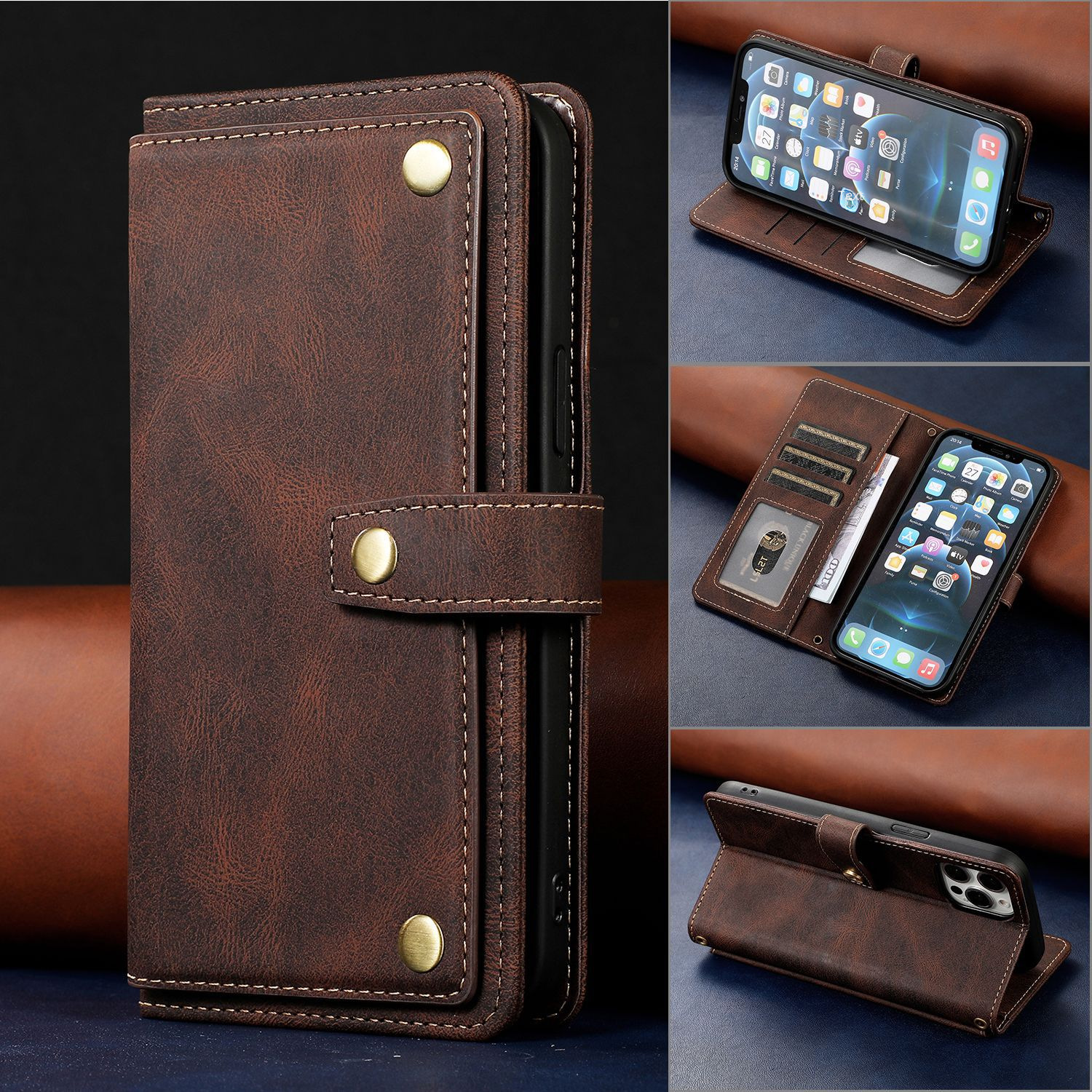 iPhone14 Retro Leather Case for 13 Flip Phone Protective Case 14Plus Multifunctional Card Leather Case_voghion.com