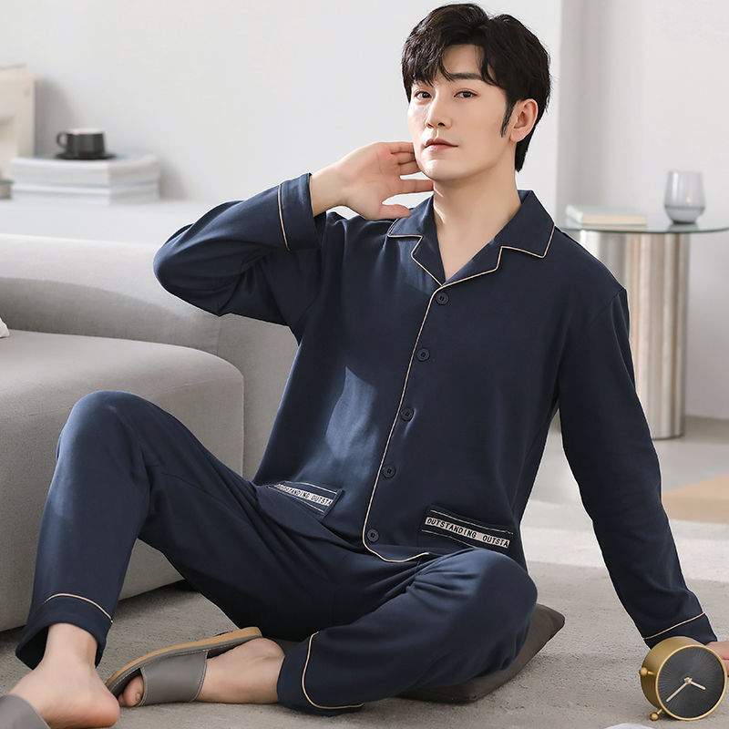 Pijamas de algodón los hombres traje manga larga primavera y otoño cardigan más tamaño desgaste exterior delgada desgaste del hogar verano