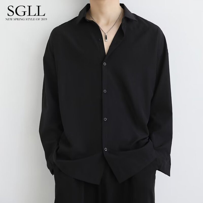 Loose Ice Silk Shirt Men's Long-Sleeved Spring and Summer High-End Handsome Men's Casual Men's White Shirt Trendy Boys Loose Ice Silk Shirt Men's Long-Sleeved Spring and Summer High-End Handsome Men's Casual Men's White Shirt Trendy Boys