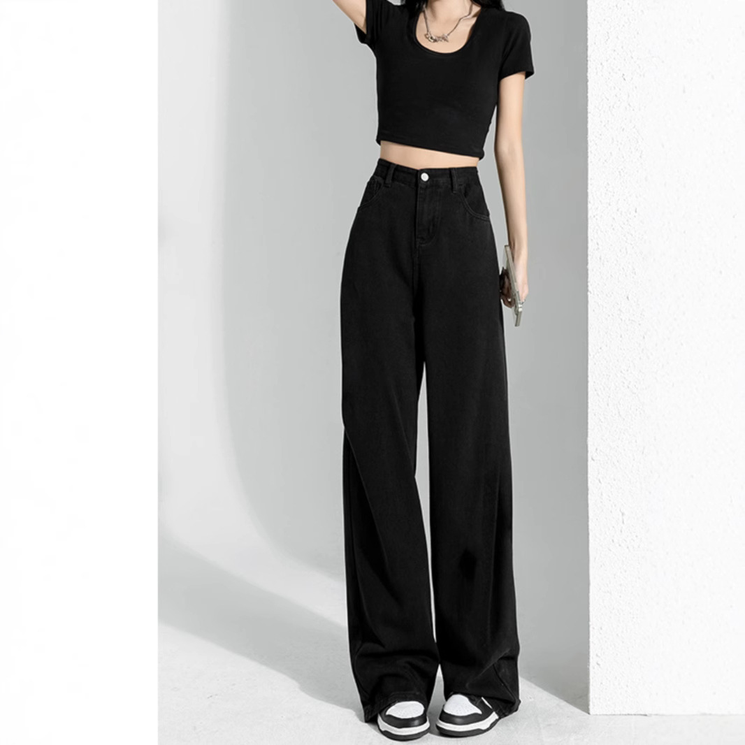 Women's High-Waisted Wide Leg Jeans Black Loose Fit Slimming Spring Style Korean Straight Leg Floor Length Trendy Fashionable_ecoleips.com