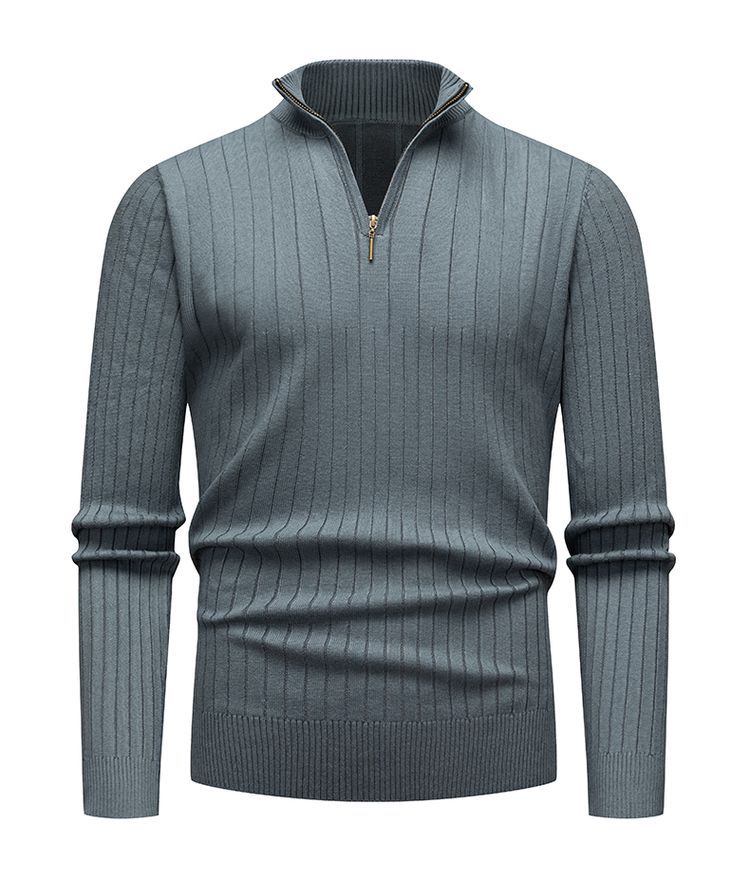 Comercio exterior transfronterizo otoño y invierno nuevo hombre manga larga barra vertical medio cuello cremallera fondo camisa de punto suéter de hombre europeo y americano