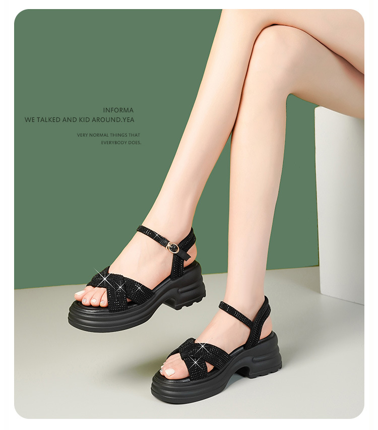 Sandal nữ đế dày đính đá phong cách La Mã, đế mềm tăng chiều cao — Màu đen chi tiết 7