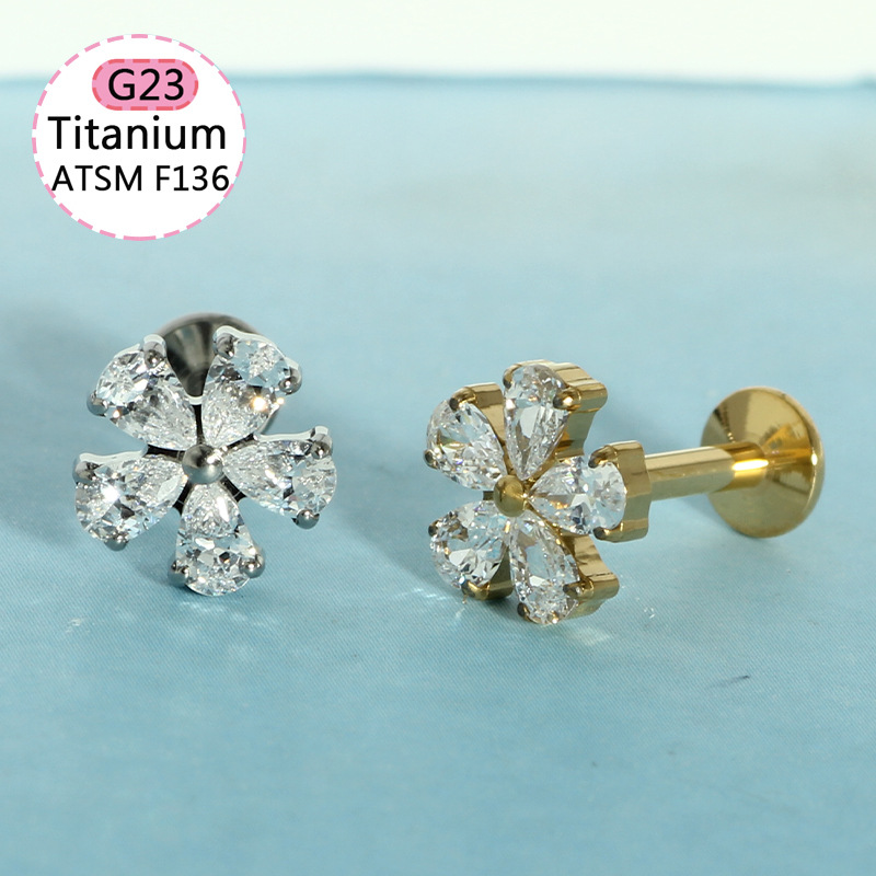 F136 Titanium Alloy Ear Bone Nail Earrings Four-Leaf Clover Lip Nail Fashion Simple Inlaid Zircon Cartilage Jewelry Body Piercing detail image 7