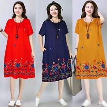 夏季新款女装民族风天丝棉中长款宽松休闲连衣裙 绣花旅游沙滩裙
