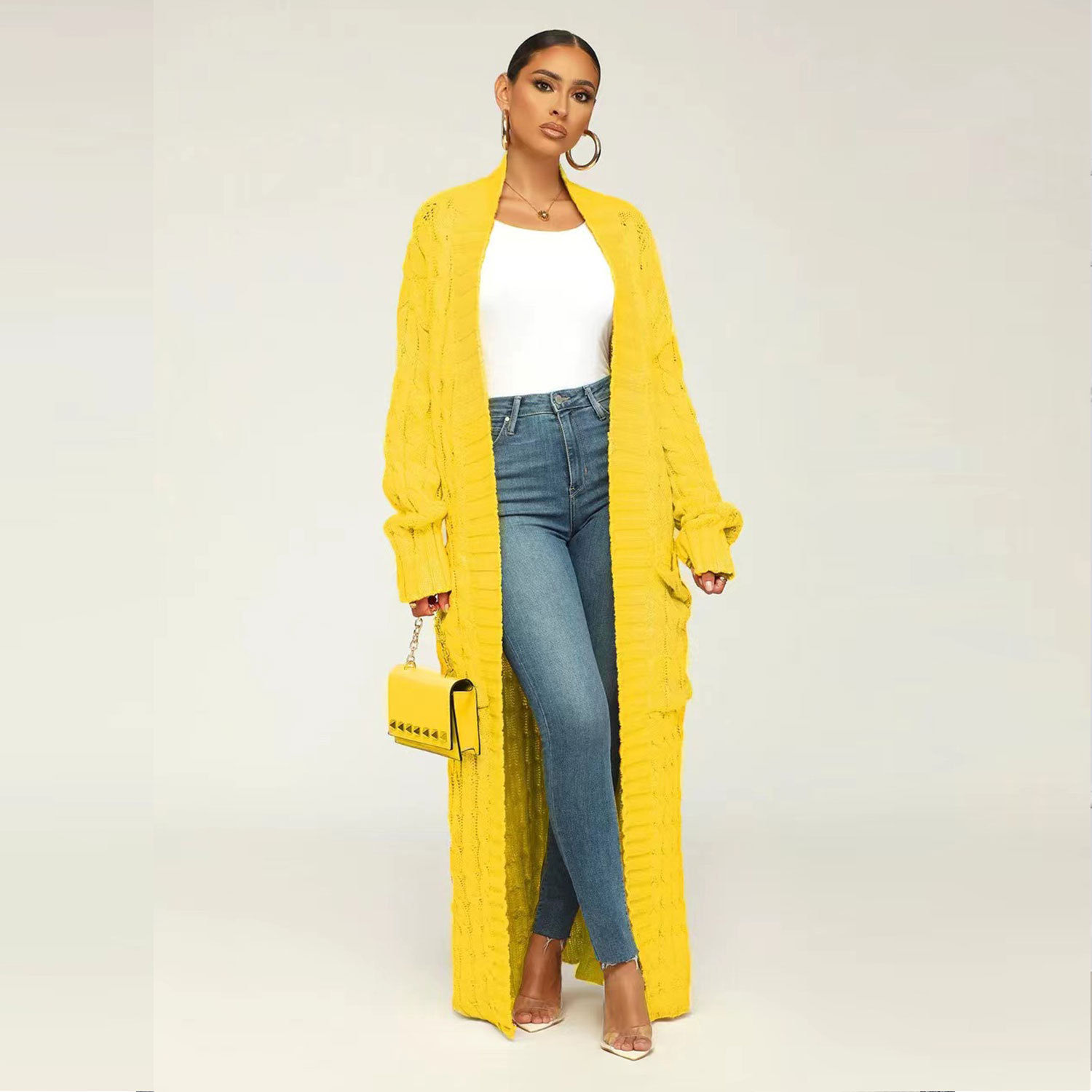 Damen Strickjacke Lang Aus Grobstrick In Unifarben Wintermantel_voghion.com