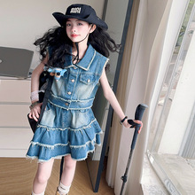 女童套装夏季2025新款夏装中大童女孩洋气毛边牛仔外套短裙两件套