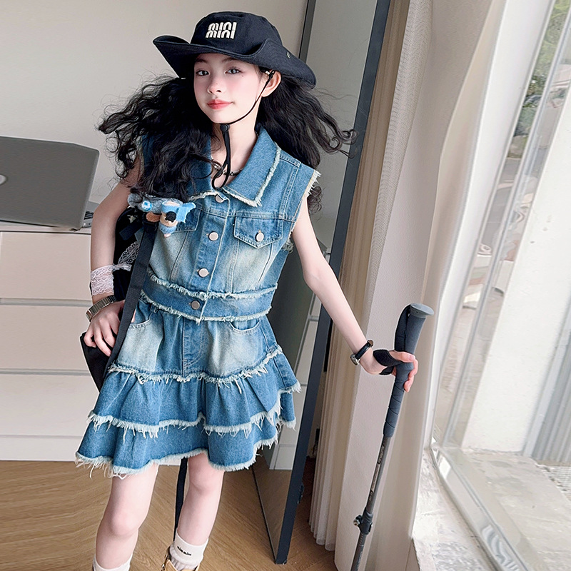 女童套装夏季2025新款夏装中大童女孩洋气毛边牛仔外套短裙两件套