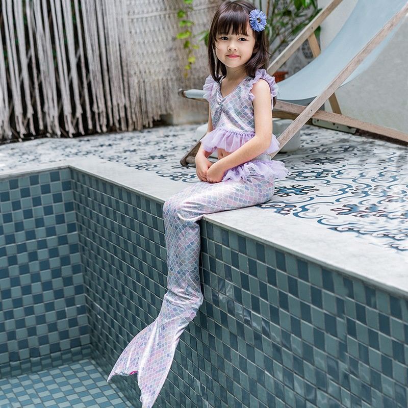 美人鱼套装儿童夏季泳衣服银紫色蕾丝公主裙子美人鱼儿童人鱼尾巴|ms