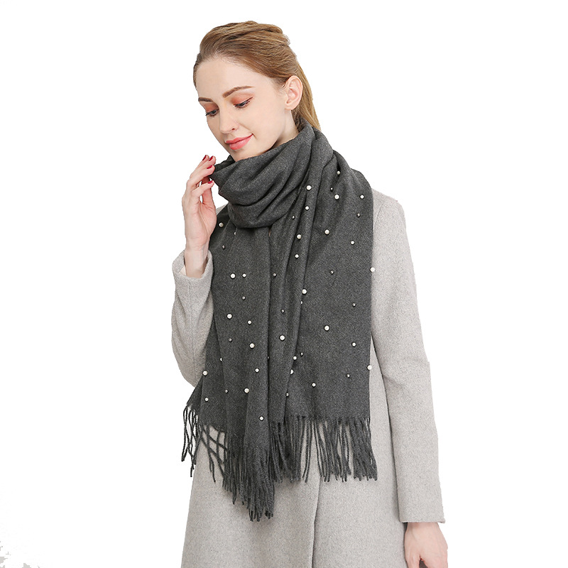 Vente chaude nouvelle automne et hiver couleur unie cheveux épineux clou perle châle en Europe et en Amérique, écharpe femme gland chaud épaissi_voghion.com