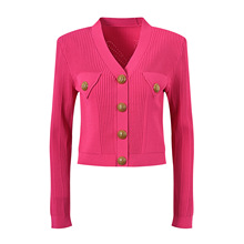 法式名媛轻奢金扣V领针织开衫修身显瘦长袖短外套2024早春新款女