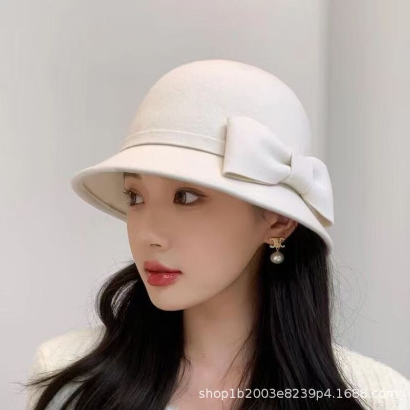 Elegant Woolen Bow-Knot Bucket Hat for Women, Versatile and Warm in Winter, Hepburn-Style French Noble Hat