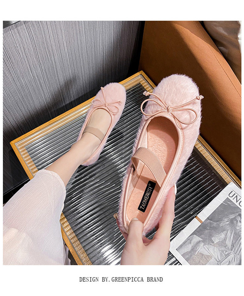 Giày búp bê nữ có lông nơ một quai, đế bệt giữ ấm, cỡ lớn — Màu hồng, Màu trắng chi tiết 24