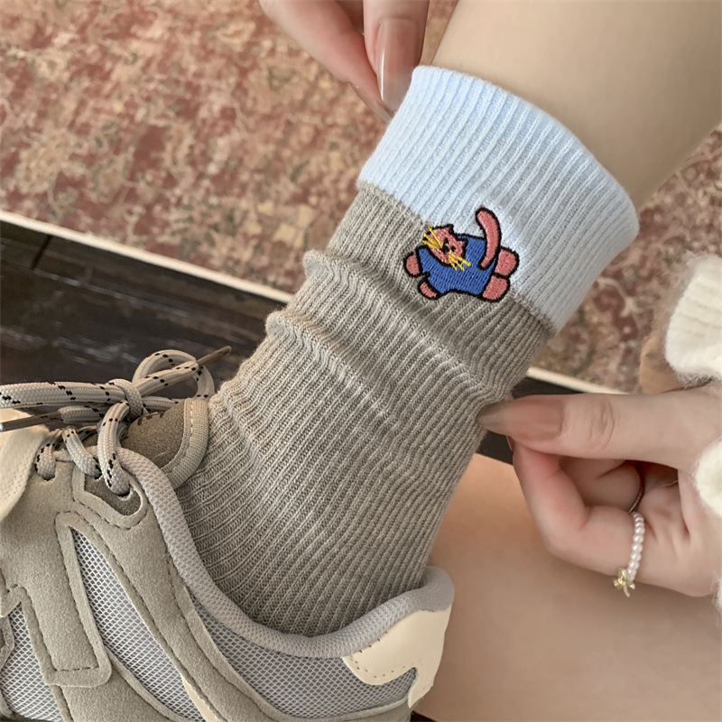 创意萌趣值拉满~撞色翻边袜口双针袜子女ins潮可爱卡通中筒堆堆袜|undefined