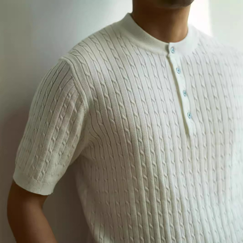 New High-end Light Mature Style Shirt American Niche Designer Men's Knitted Henry Collar T-Shirt Short-sleeved Shirt